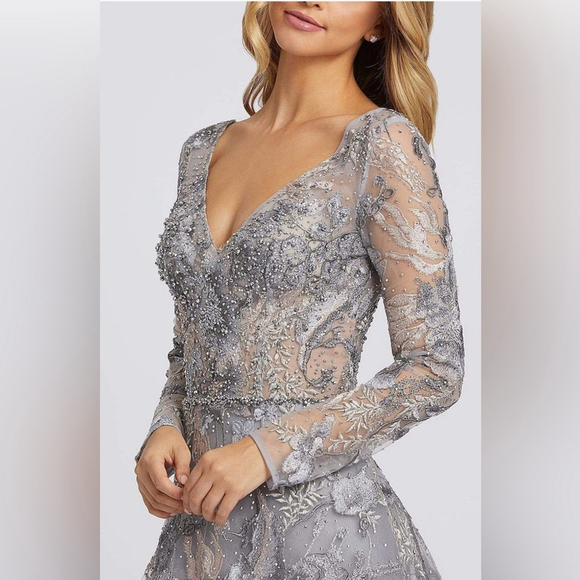 A-line embroidered formal gown with long sheer illusion sleeve la and v neckline - Picture 4 of 4